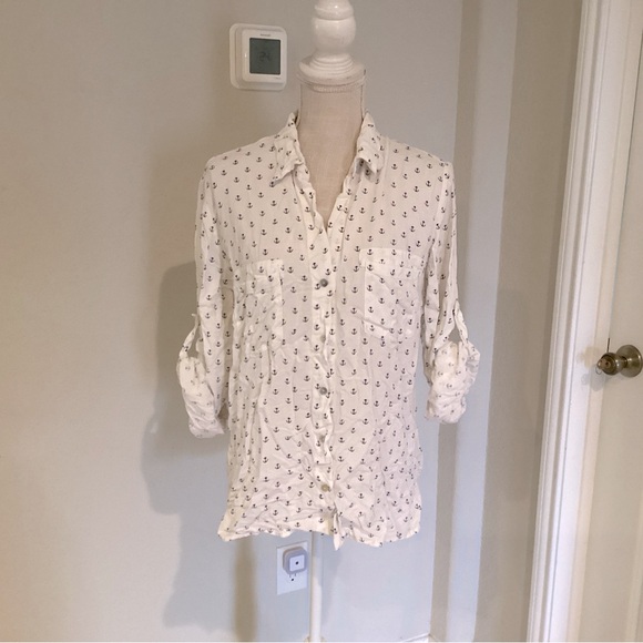 Just Living Tops - Roll-tab sleeve, button down top, anchor pattern White Casual Button Down Shirt